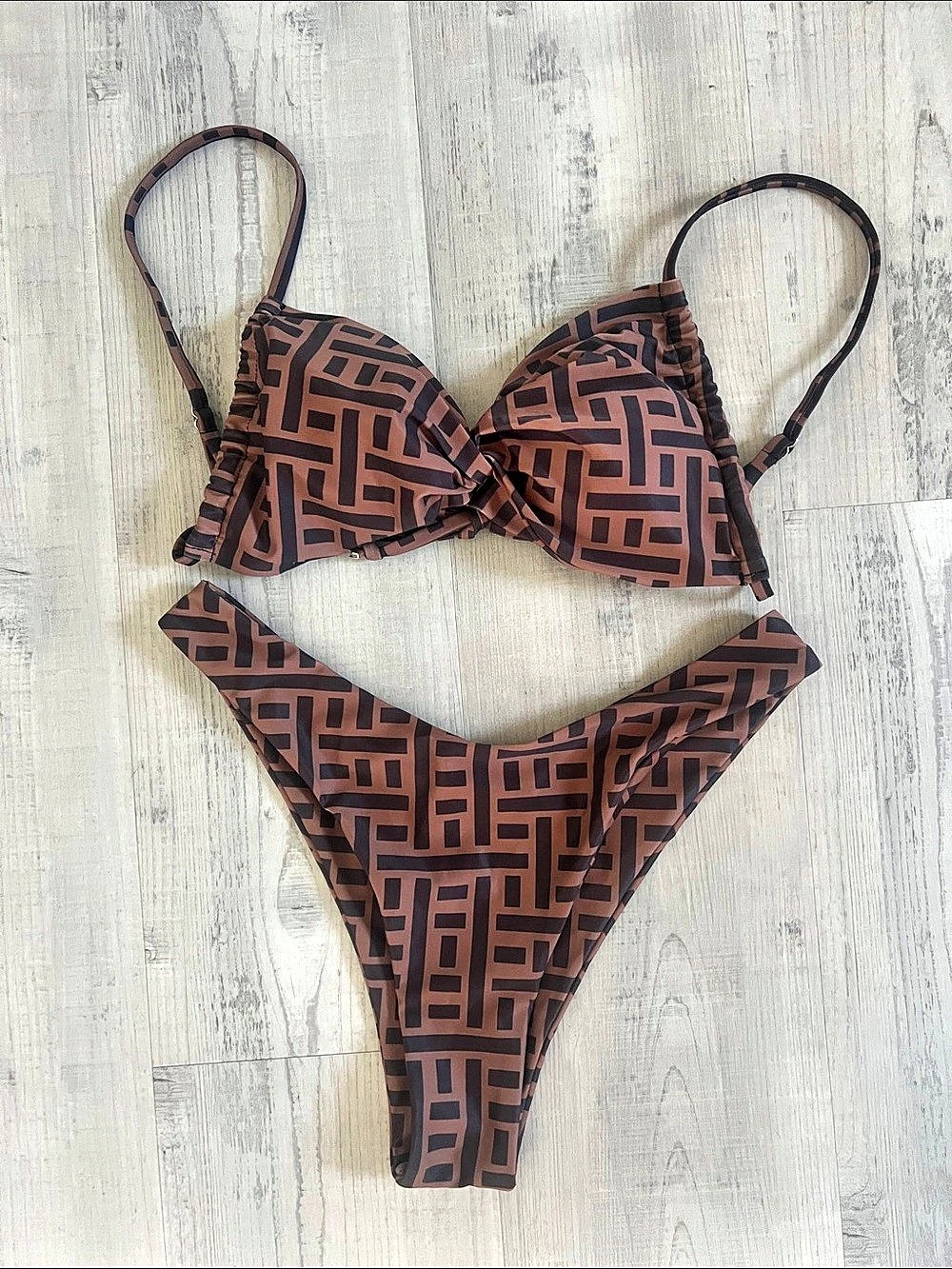 FF Logo Print Bikini Set Brown & Black